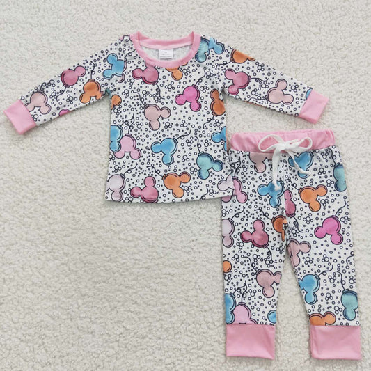 GLP0437 Pink Leopard M  Cartoon Girls Long Sleeve Pants Outfits Pajamas