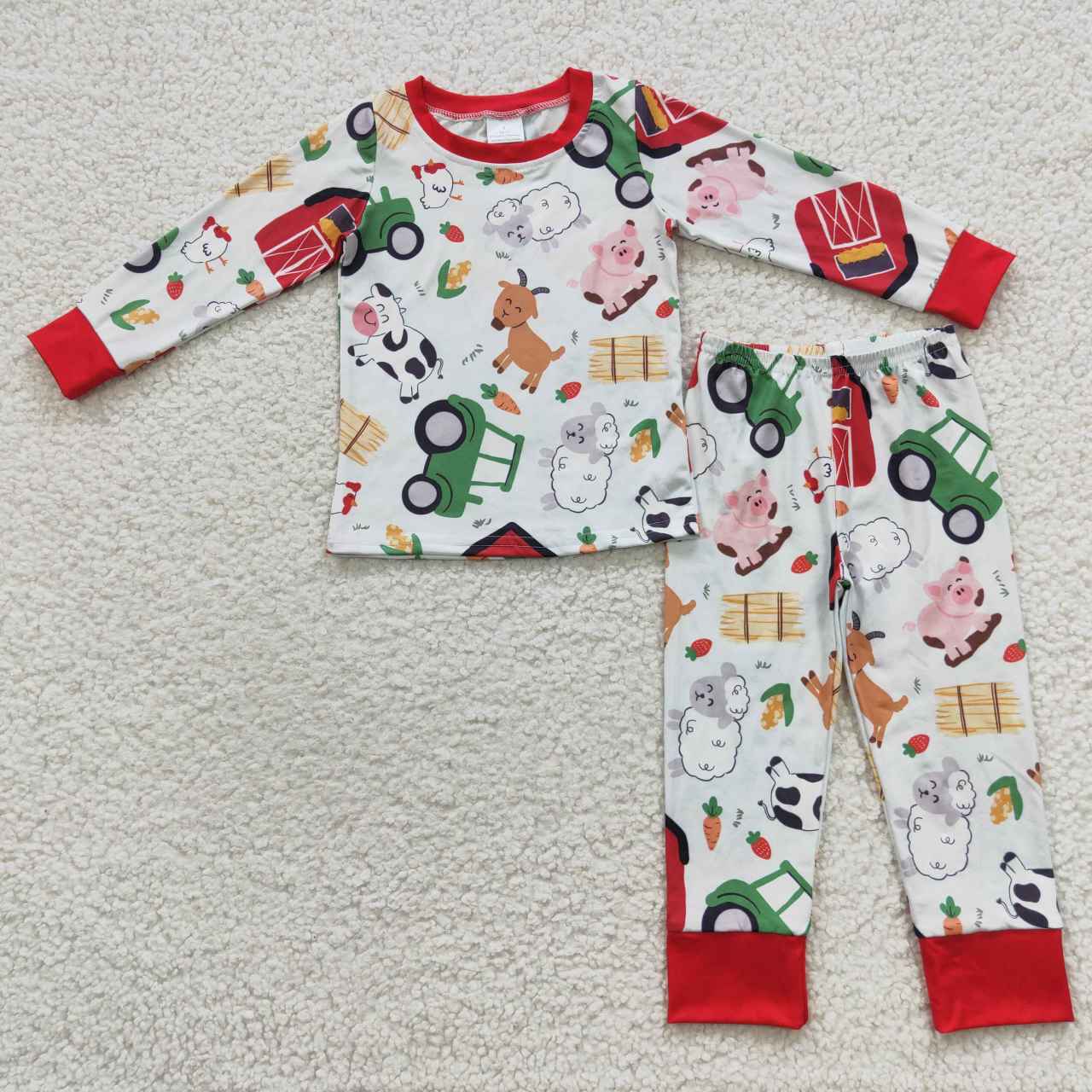 BLP0197 Christmas Red Green Farm Pig Cartoon Boys Long Sleeve Pants Outfits Pajamas