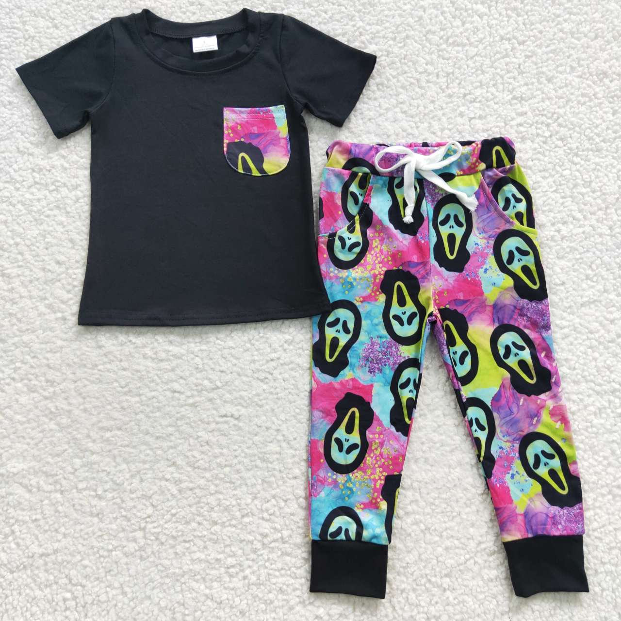 BSPO0106  Halloween Black Blue Purple Ghost Pocket Boys Short Sleeve Pants Outfits