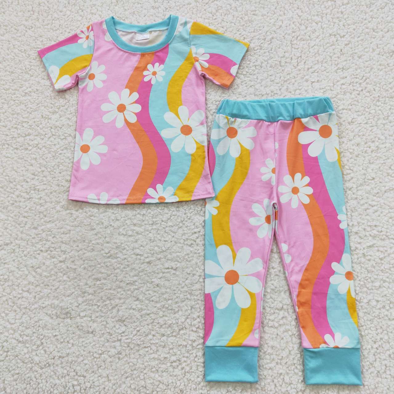 GSPO0720 Blue Pink Floral Girls Short Sleeve Pants Outfits Pajamas