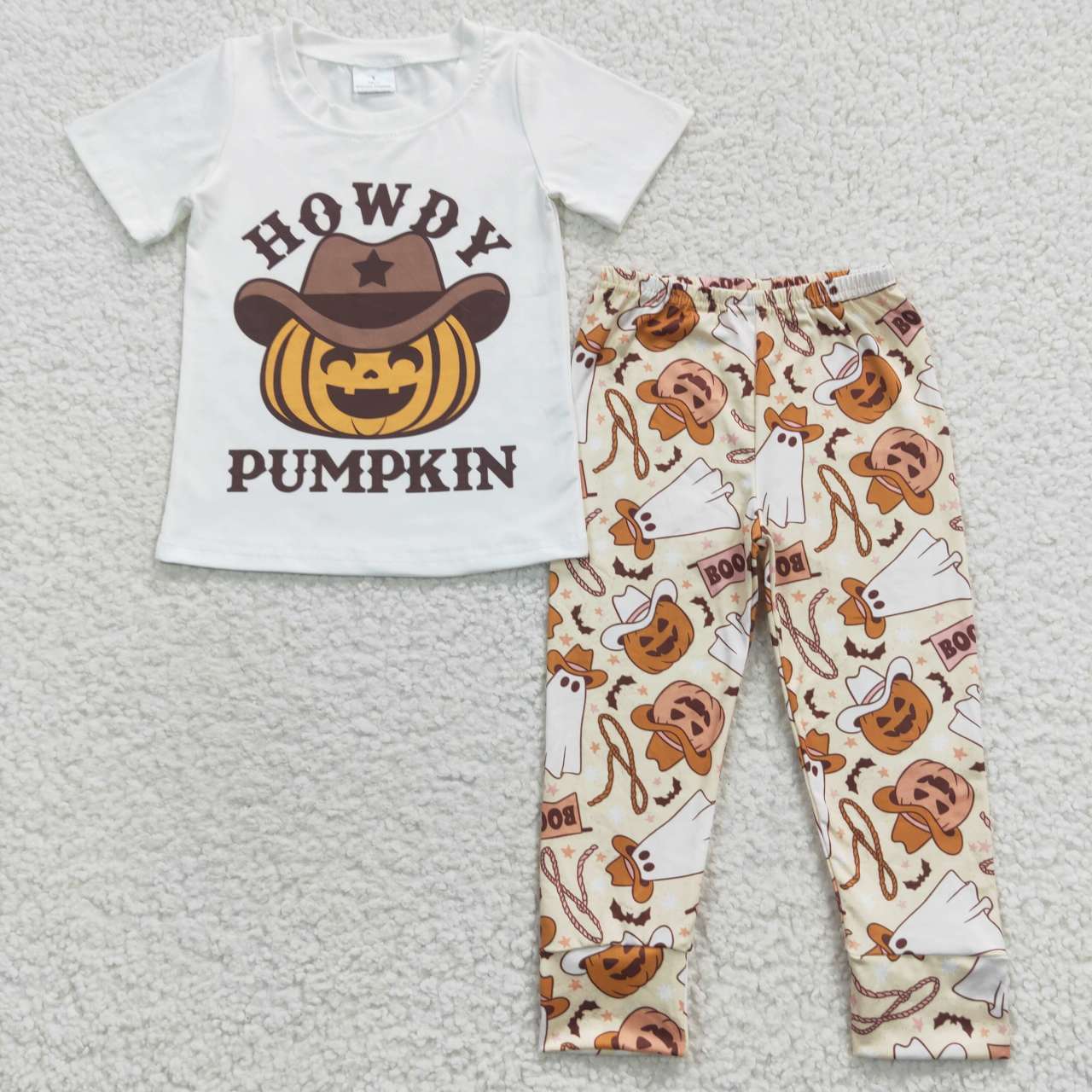 BSPO0130 2Pcs BT0249 P0166 Halloween Howdy Pumpkin Orange Boys Short Sleeve Pants Outfits