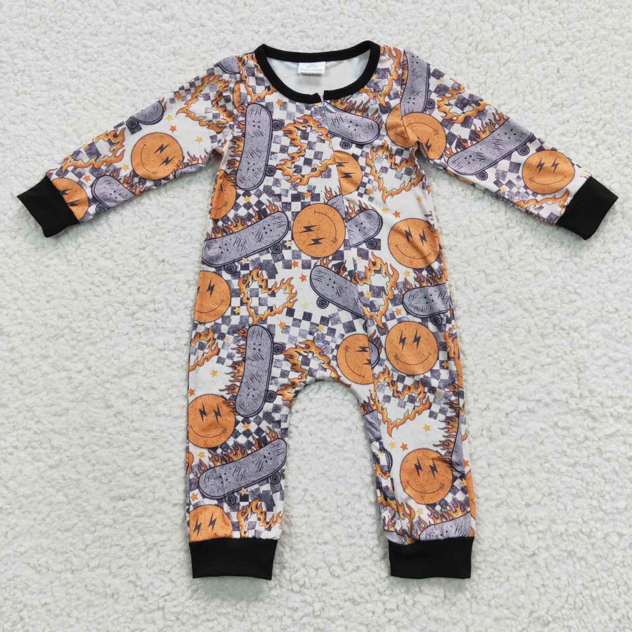 LR0305 Halloween Orange Smile Skate Zipper Girls Long Sleeve Romper