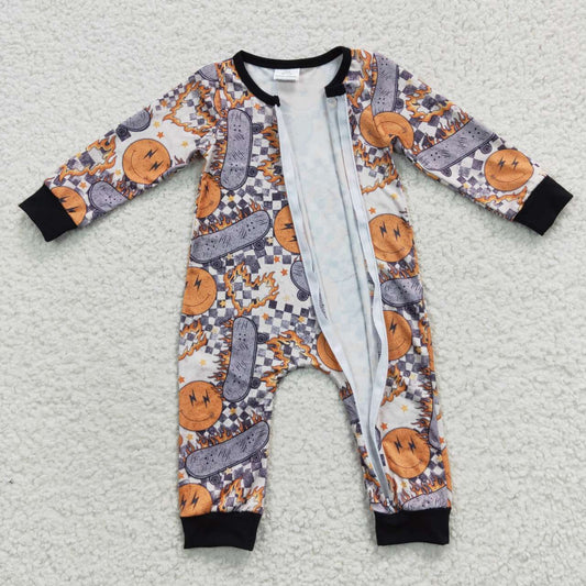 LR0305 Halloween Orange Smile Skate Zipper Girls Long Sleeve Romper