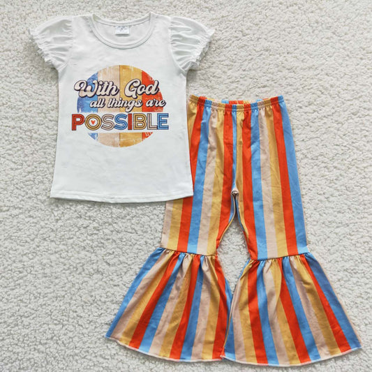 GSPO0684  With God All Things Are Possible Yellow Stripes  Girls Short Sleeve Pants Outfits