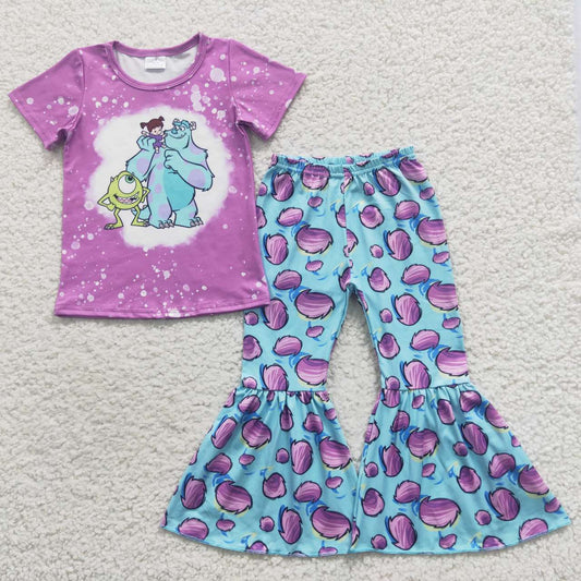 GSPO0731 Blue Purple Monster Cartoon Girls Short Sleeve Bell Bottom Pants Outfits