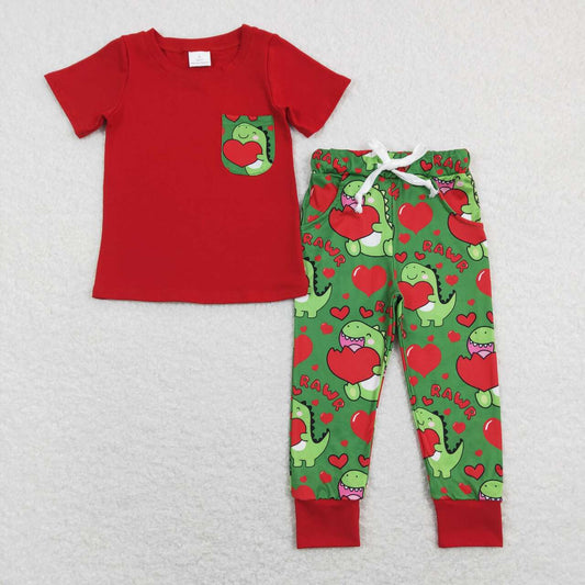 BSPO0229  Valentine Love Red Green Dinosaur Boys Short Sleeve Bell Bottom Pants Outfits Pajamas