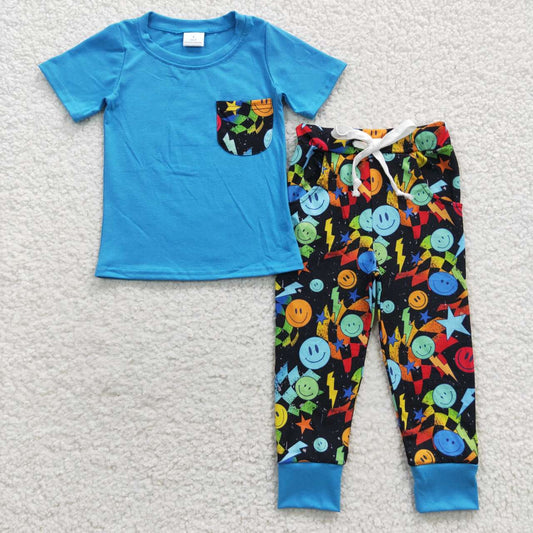 BSPO0131 Halloween Blue Smile Cartoon Boys Short Sleeve Pants Outfits