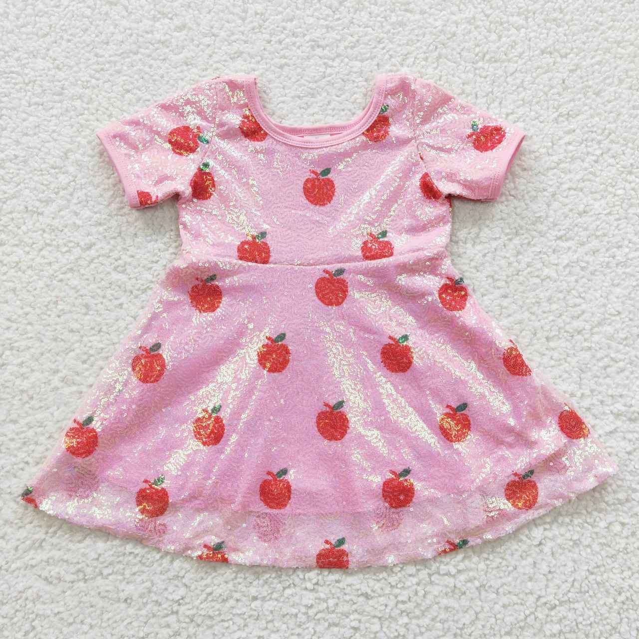 GSD0437 Back To School Pink Red Apple Tutu Girls Short Sleeve Dresses