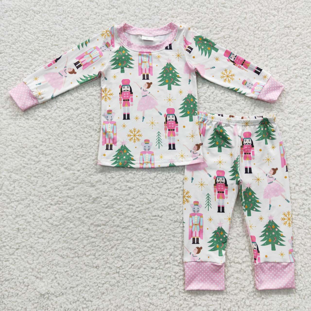 GLP0558 Christmas Pink Green Tree Girls Long Sleeve Pants Outfits Pajamas