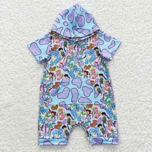 SR0405 Blue Dinosaur Cartoon Pocket Hoodies Boys Short Sleeve Romper