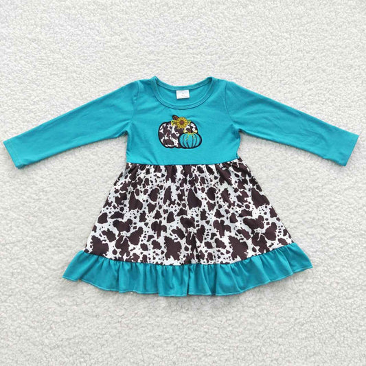 GLD0211  Halloween Blue Leopard Pumpkin Embroidery Girls Long Sleeve Dresses