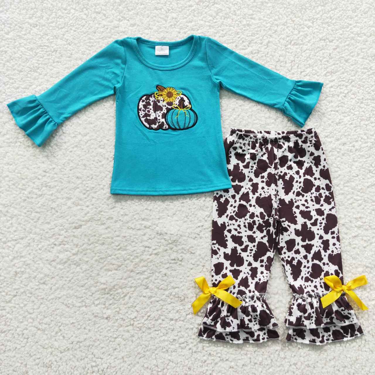 GLP0461 Halloween Blue Leopard Pumpkin Embroidery Girls Long Sleeve Pants Outfits