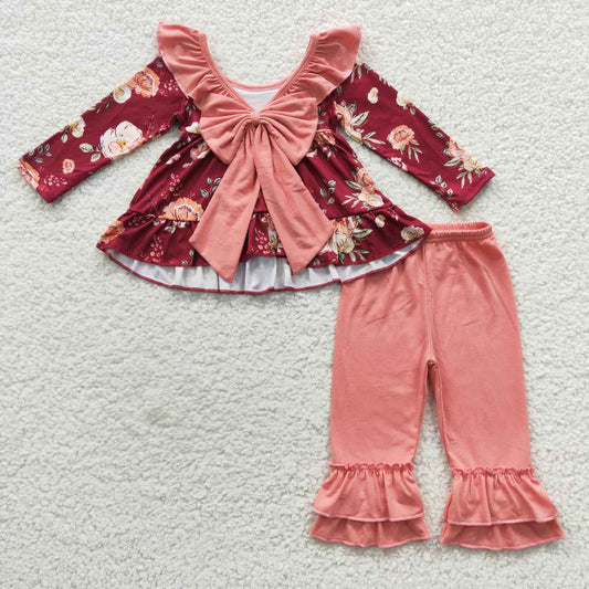 GLP0532 Red Pink Floral With Bow Tunic Girls Long Sleeve Pants Outfits