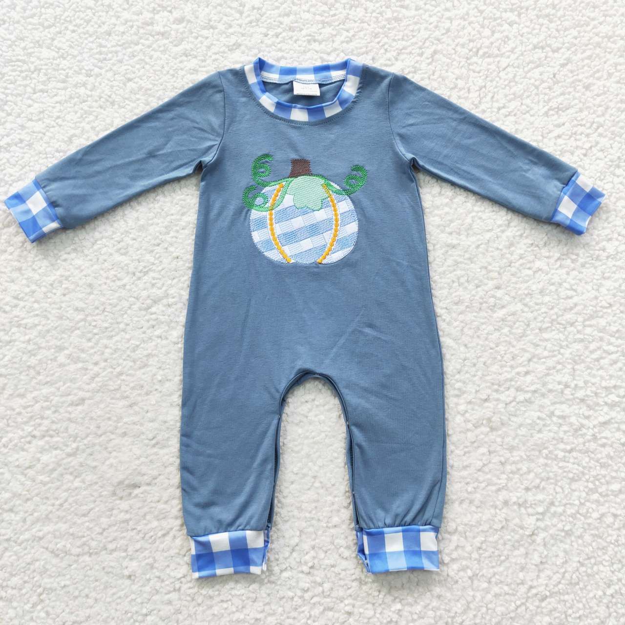 LR0319 Halloween Pumpkin Plaid Blue Embroidery Boys Long Sleeve Romper