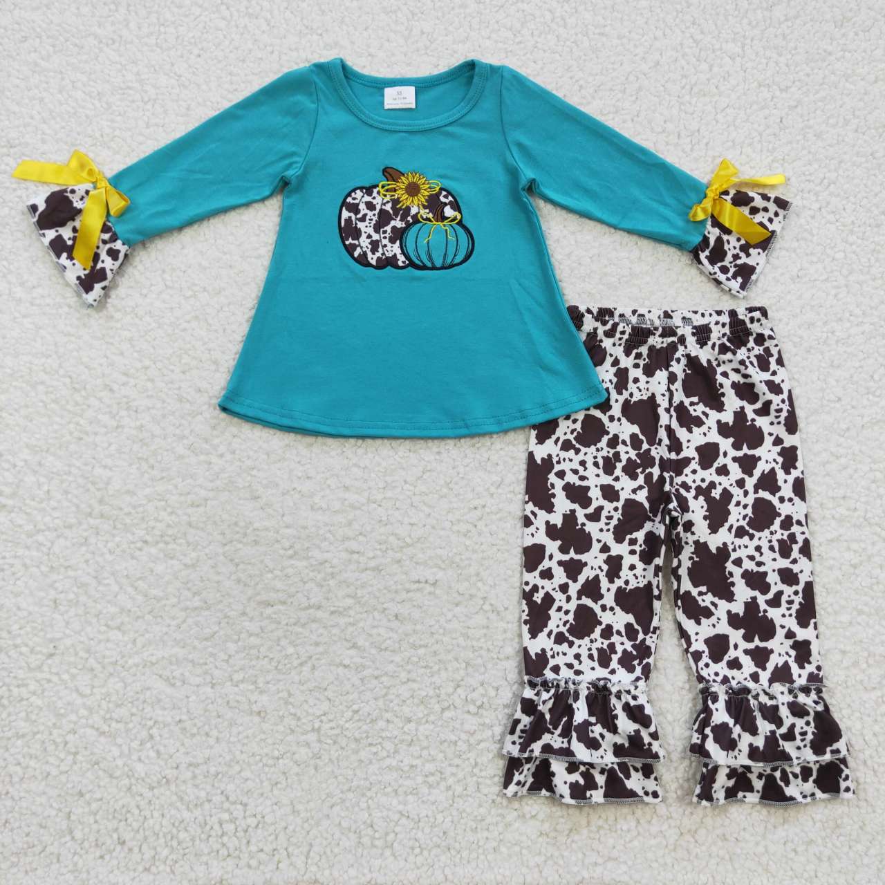 GSPO0704 Halloween Blue Leopard Pumpkin Embroidery Girls Short Sleeve Pants Outfits