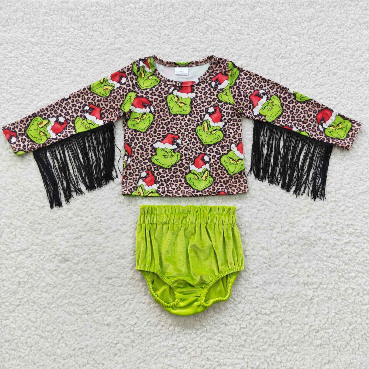 GBO0154 Christmas Green Cartoon Leopard Tassel Girls Long Sleeve Bummies Outfits