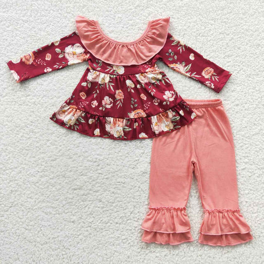 GLP0532 Red Pink Floral With Bow Tunic Girls Long Sleeve Pants Outfits