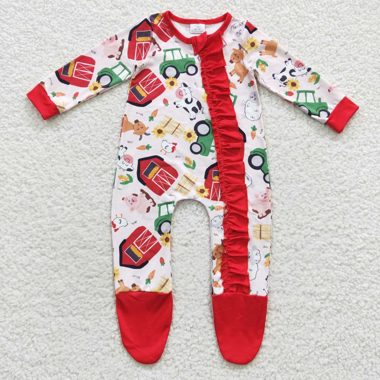 LR0378 Christmas Red Green Farm Pig Cartoon  Zipper Girls Long Sleeve Romper