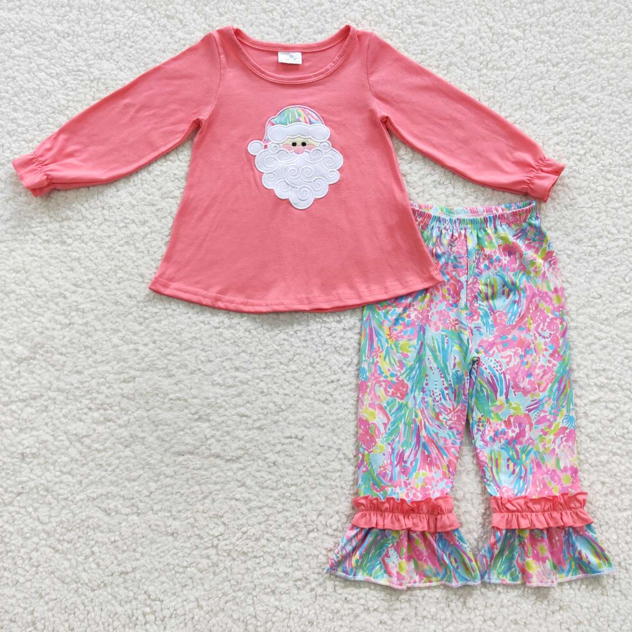 GLP0497 Christmas Pink Blue Santa Cartoon Embroidery Girls Long Sleeve Pants Outfits