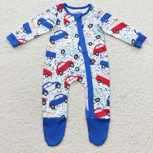 LR0444 Blue Red Car Cartoon Print Zipper Girls Long Sleeve Romper