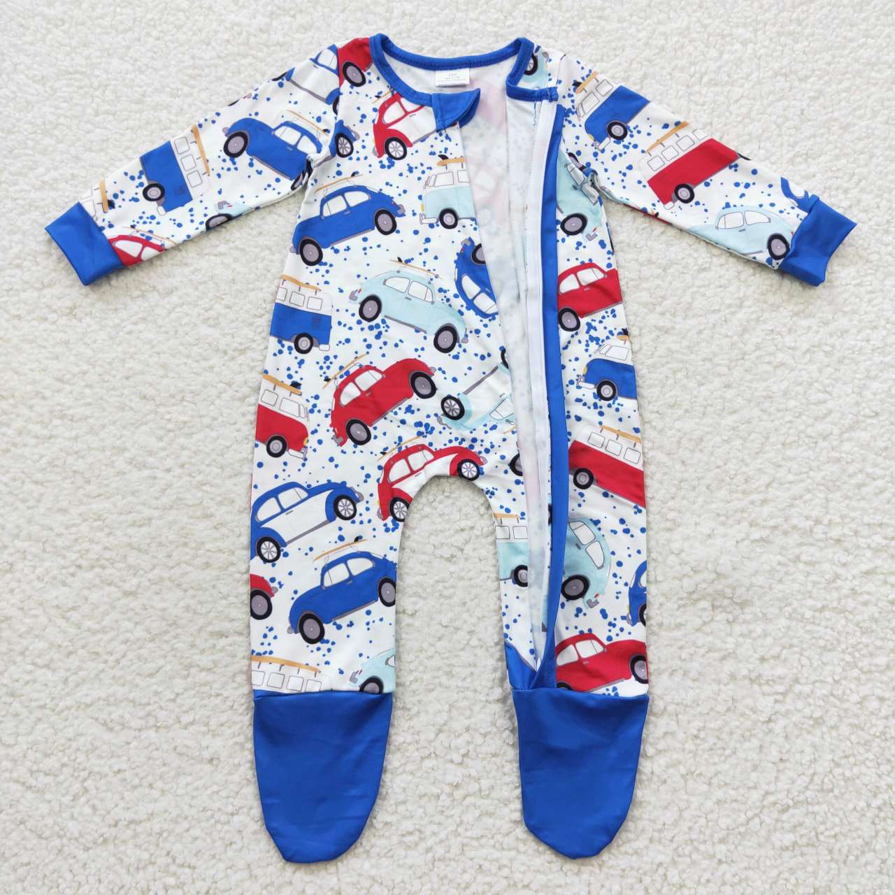 LR0444 Blue Red Car Cartoon Print Zipper Girls Long Sleeve Romper