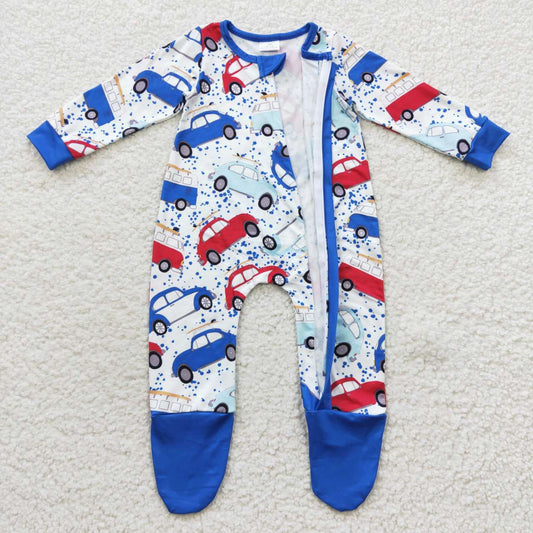 LR0444 Blue Red Car Cartoon Print Zipper Girls Long Sleeve Romper