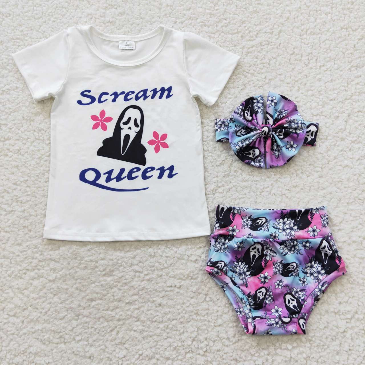 GBO0170 Halloween Ghost Purple Scream Queen With Bow 3pcs Girls Short Sleeve Bummies Outfits