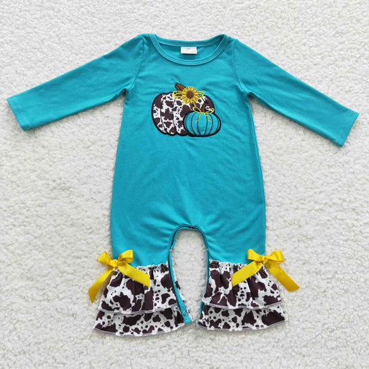 LR0354 Halloween Blue Leopard Pumpkin Embroidery Girls Long Sleeve Romper