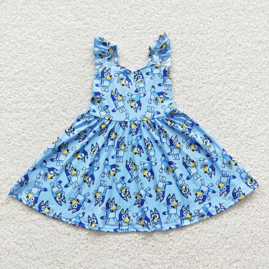 GSD0421 Blue Pink Dog Cartoon Girls Flutter Sleeve Dresses