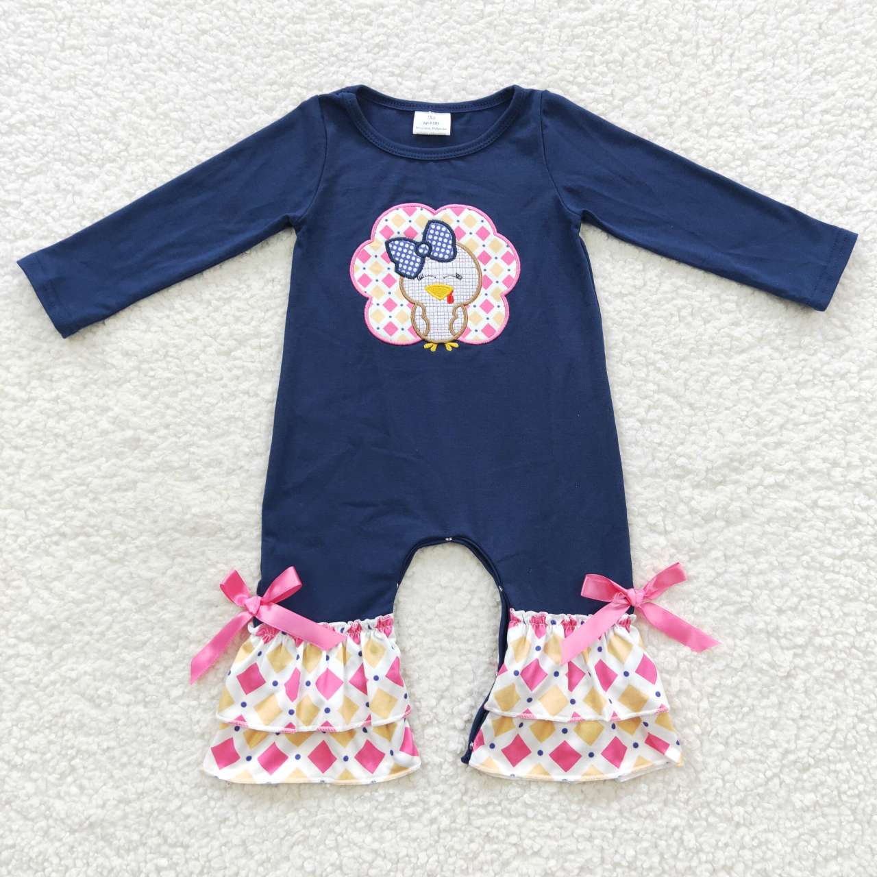 LR0326 Thanksgiving Turkey Blue Pink Embroidery Girls Long Sleeve Romper