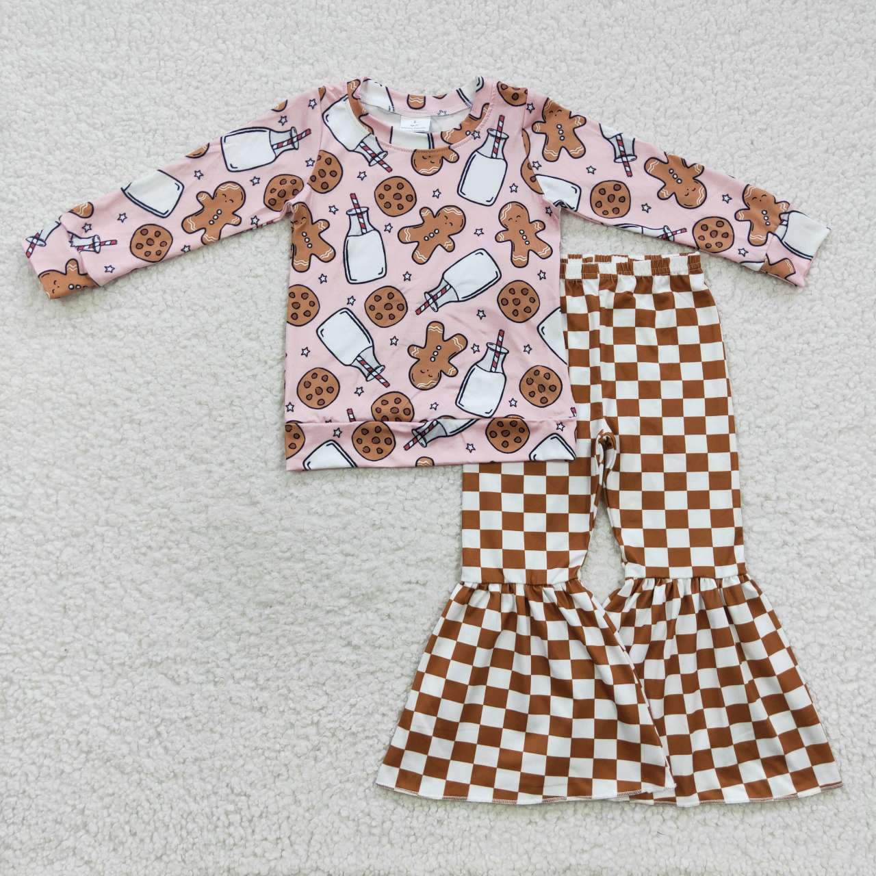 GT0220 P0204 2Pcs Christmas Gingerbread Pink Short Sleeve Top + Brown Print Pants Girls Short Sleeve Pants Outfits