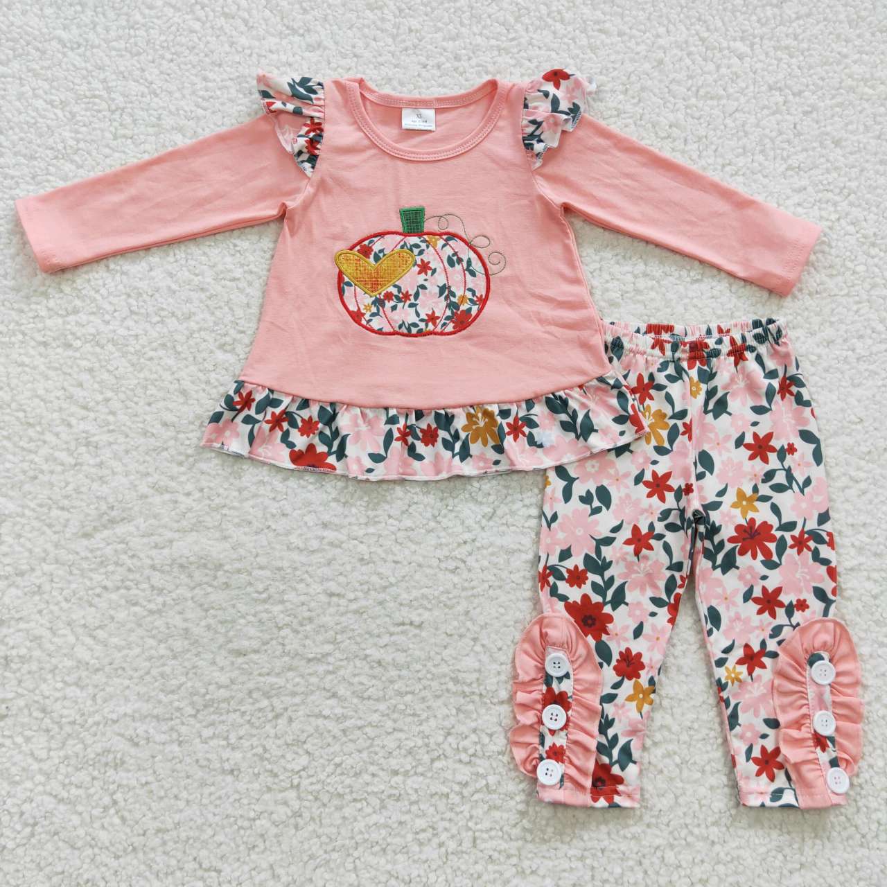 GLP0426 Halloween Pumpkin Pink Floral Love Embroidery Girls Long Sleeve Bell Bottom Pants Outfits