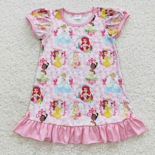 GSD0426 Pink Princess Cartoon Girls Flutter Sleeve Dresses