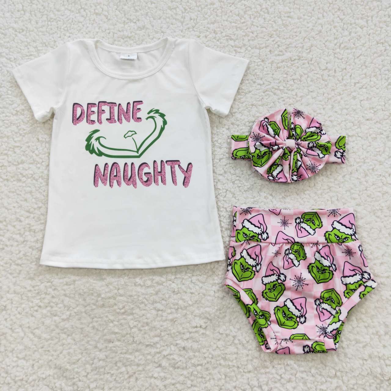 GBO0169 Christmas Green Pink Cartoon Define Naughty With Bow 3pcs Girls Short Sleeve Bummies Outfits