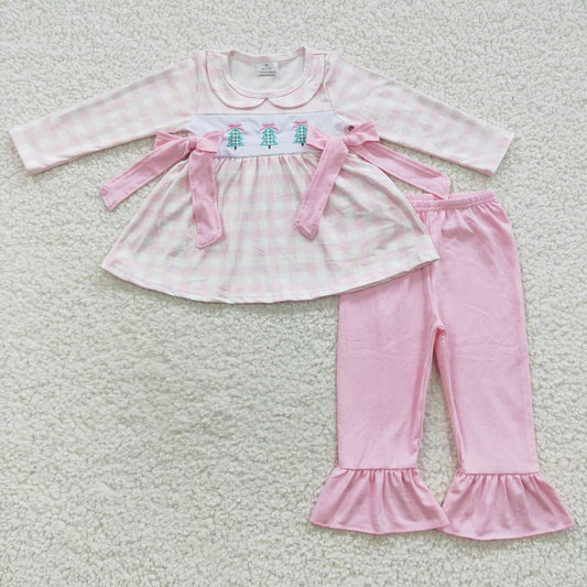 GLP0449 Christmas Tree Pink Plaid Bow Embroidery Girl Long Sleeve Pants Outfits