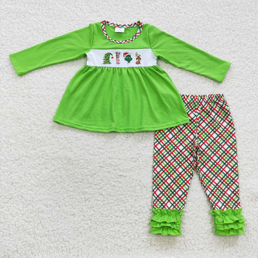 GLP0441 Christmas Green Cartoon Tunic Girls Long Sleeve Pants Outfits