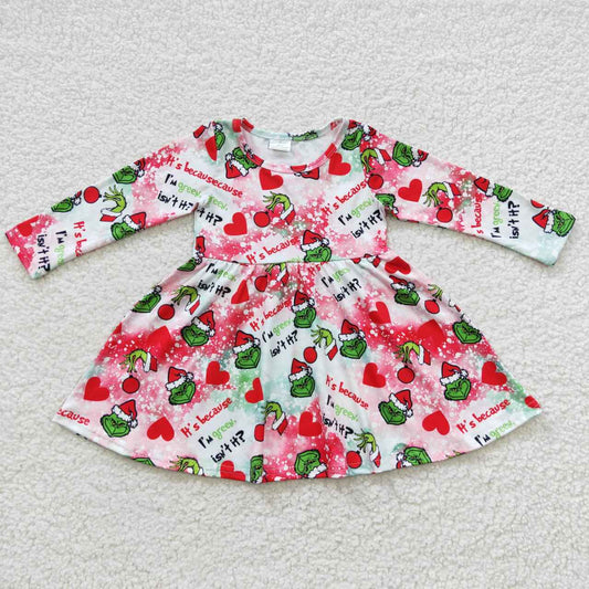 GLD0257 Christmas Red Green Cartoon Girls Long Sleeve Dresses