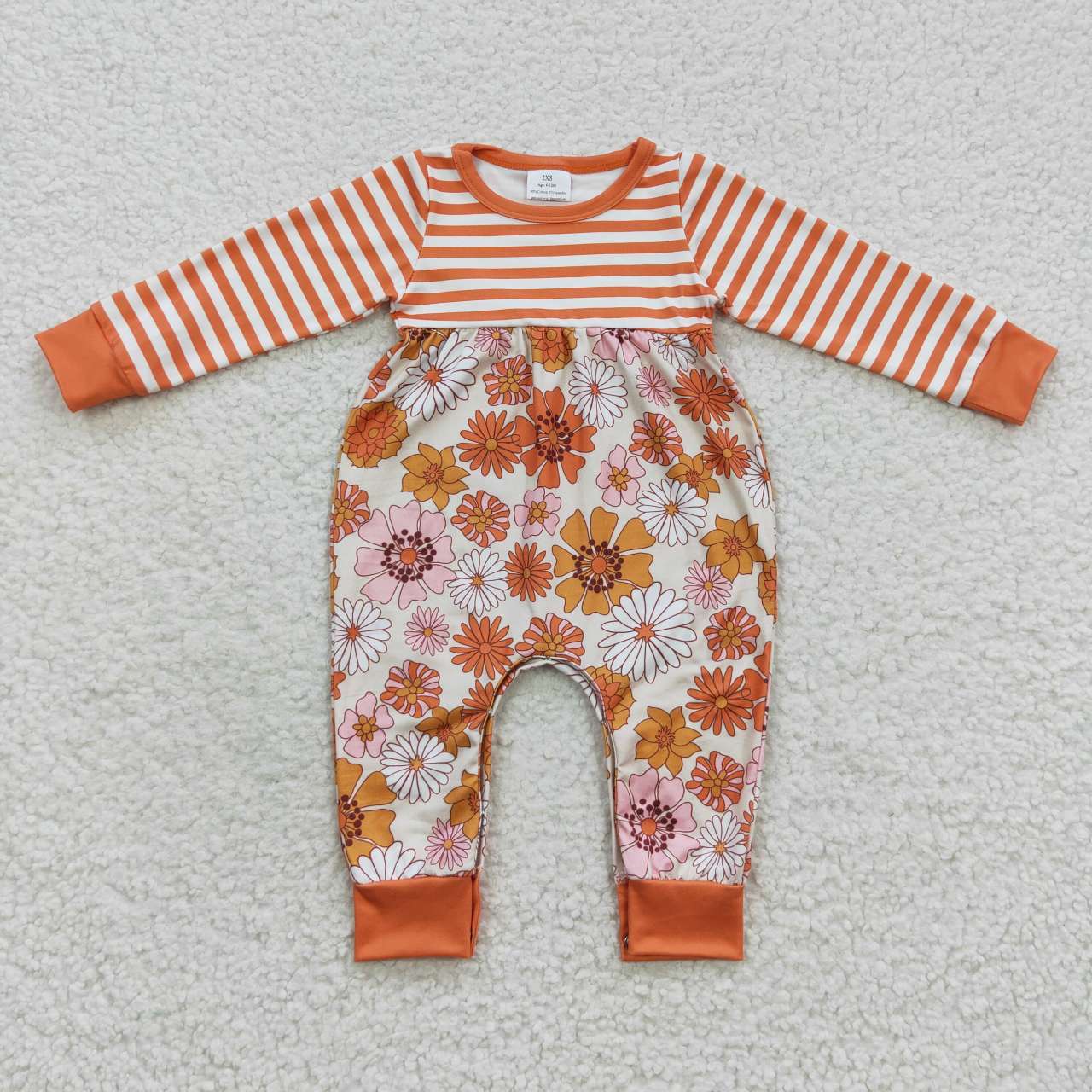 LR0323  Orange Stripes Floral Flower Girls Long Sleeve Romper