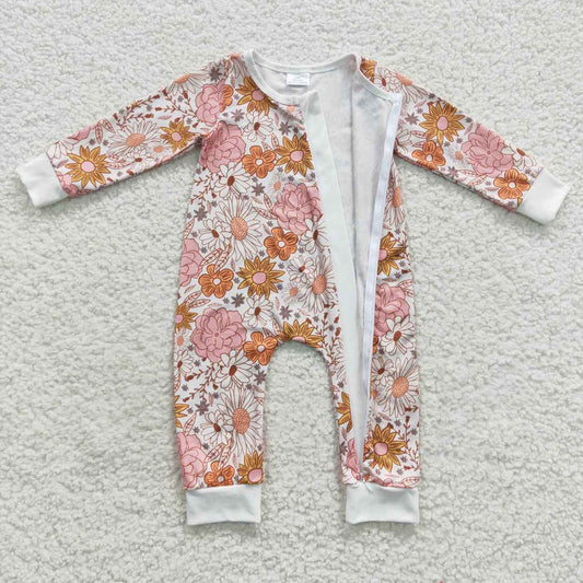 LR0460 Pink Floral Zipper Girls Long Sleeve Romper