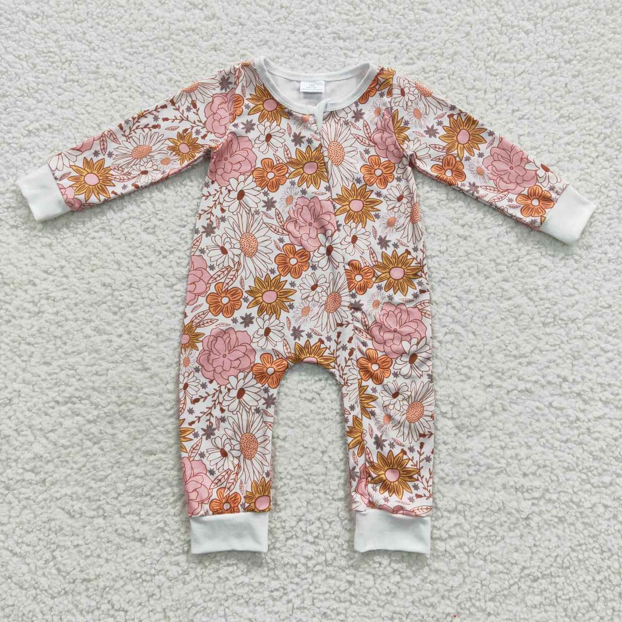 LR0460 Pink Floral Zipper Girls Long Sleeve Romper