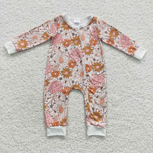 LR0460 Pink Floral Zipper Girls Long Sleeve Romper