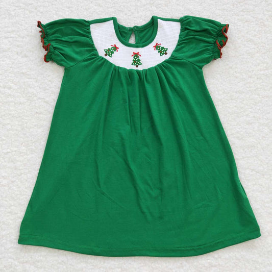 GSD0432 Christmas Green Tree Embroidery Girls Flutter Sleeve Dresses