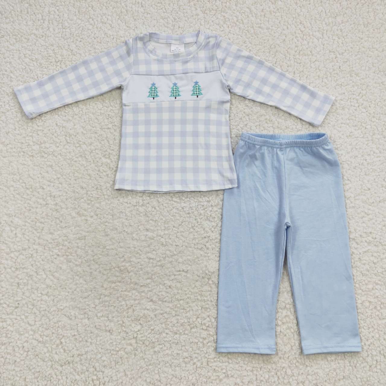 BLP0178 Christmas Tree Blue Plaid Embroidery Boys Long Sleeve Pants Outfits