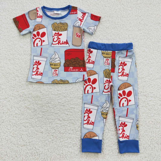 BSPO0148 Blue Red Cartoon Food Hamburger Boys Short Sleeve Pants Outfits