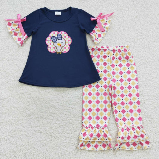 GSPO0675 Thanksgiving Turkey Blue Pink Embroidery Girls Short Sleeve Bell Bottom Pants Outfits