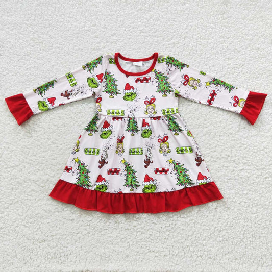 GLD0235 Christmas Red Green Cartoon  Girls Long Sleeve Dresses