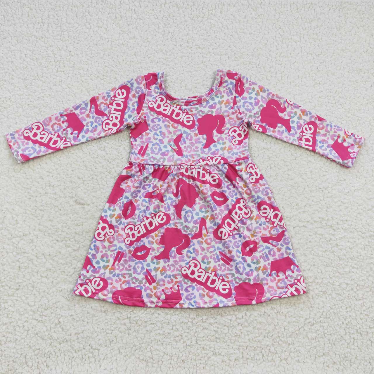 GLD0276 Pink Leopard B Cartoon  Girls Long Sleeve Dresses