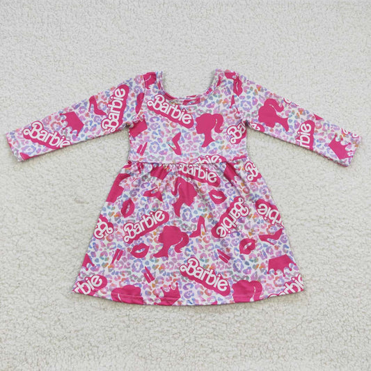 GLD0276 Pink Leopard B Cartoon  Girls Long Sleeve Dresses