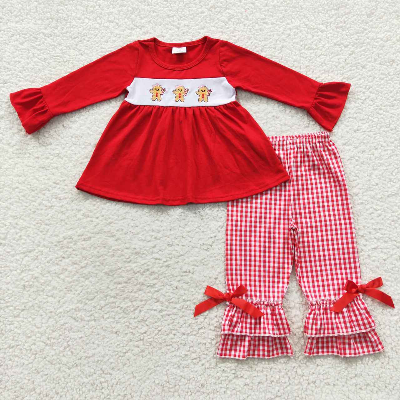 GLP0506 Christmas Red Gingerbread Cartoon Embroidery Tunic Girls Long Sleeve Pants Outfits