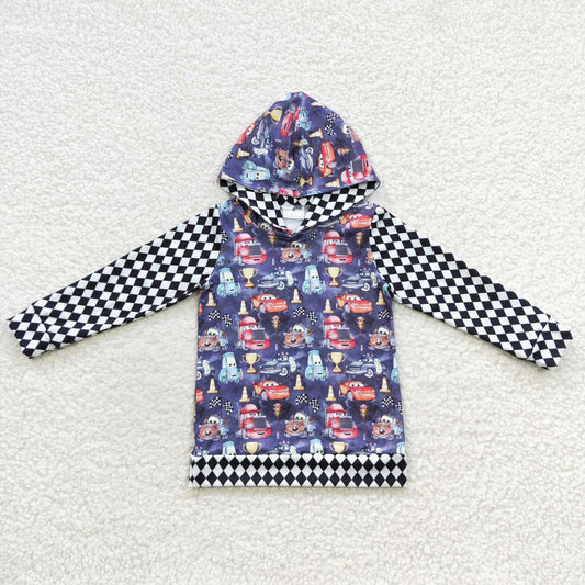 BT0253 Blue Plaid Car Cartoon Girls Long Sleeve Hoodies Top